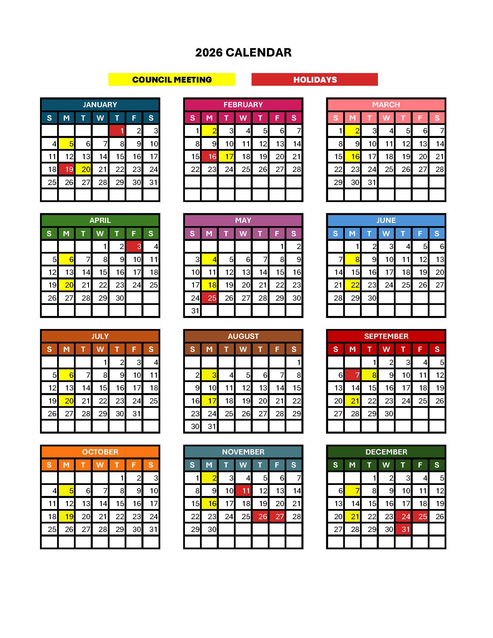Monthly calendars for the year with council meeting dates marked