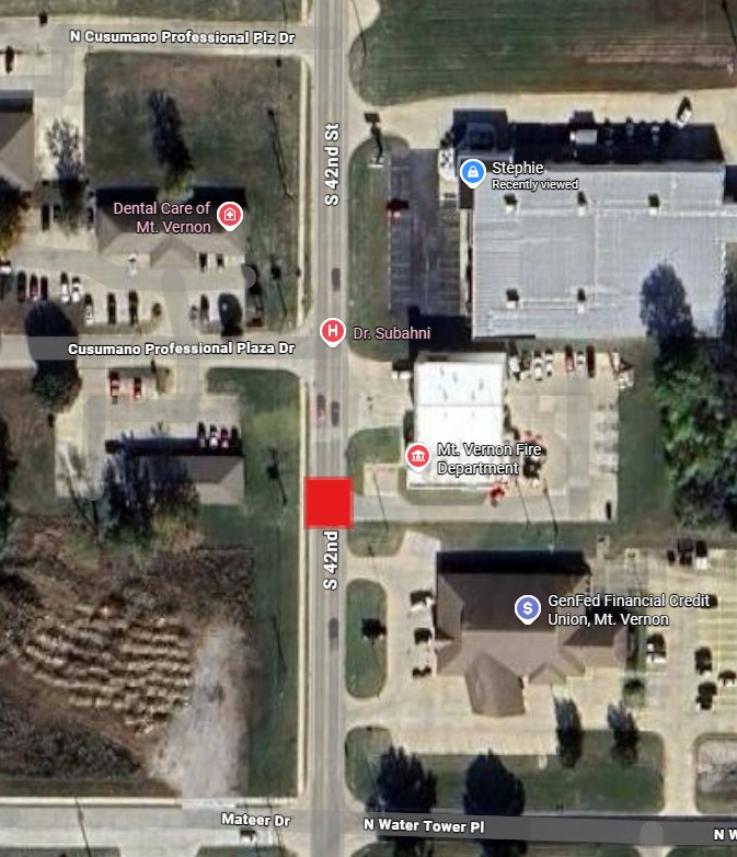 Ariel map showing buildings and streets, with the work area marked in red.