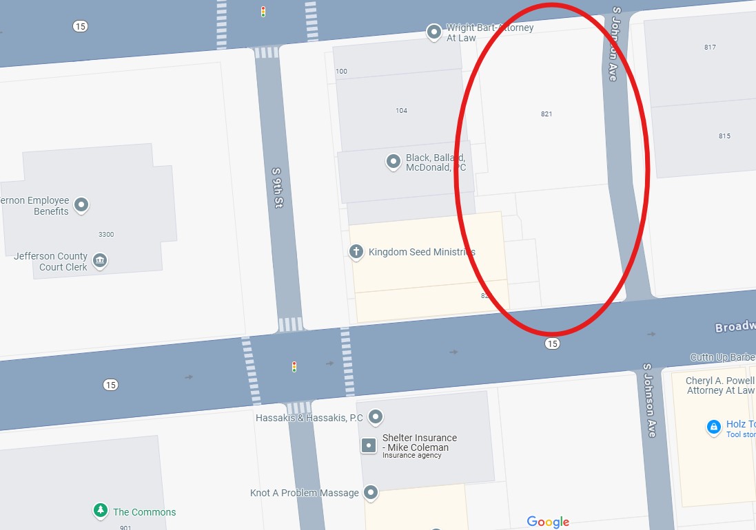 Map with red circle showing parking lot